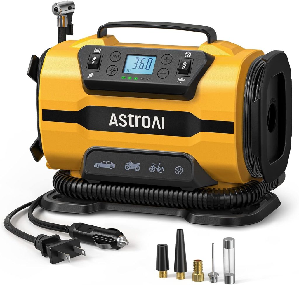 AstroAI Tire Inflator Portable Air Compressor Pump 150PSI 12V DC/110V AC with Dual Metal Motors &LED Light, Automotive Car Accessories&Two mode for car, bicycle tires and air mattresses, Yellow AstroAI Tire Inflator Portable Air Compressor Pump 150PSI 12V DC/110V AC with Dual Metal Motors &LED Light, Automotive Car Accessories&Two mode for car, bicycle tires and air mattresses, Yellow