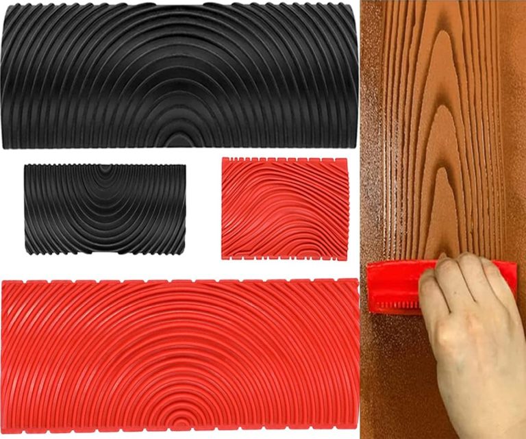 Wood Grain Tool, 4Pcs Wood Grain Roller Soft Rubber Wood Graining Painting Tool Texture Pattern with Handle Roller DIY Rubber Graining Tool Paint Look Like Wood for Wall Room Art Decoration