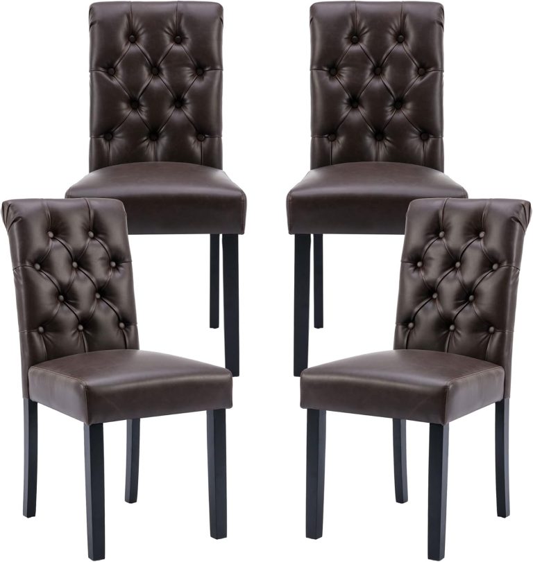 Farmhouse Dining Chairs Set of 4, PU Leather Kitchen Chairs, Modern Tufted Accent Chairs Solid Wood Parsons Side Chairs for Home/Living Room/Bedroom/Resturant, Chocolate