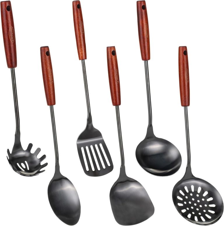FJNATINH 304 Stainless Steel Kitchen Utensil Sets – 6 PCS Wok Spatula Sets Cooking Utensil Tools Spatula, Soup Ladle, Skimmer Spoon, Slotted Spatula Tunner, Spaghetti Spoon, Large Spoon