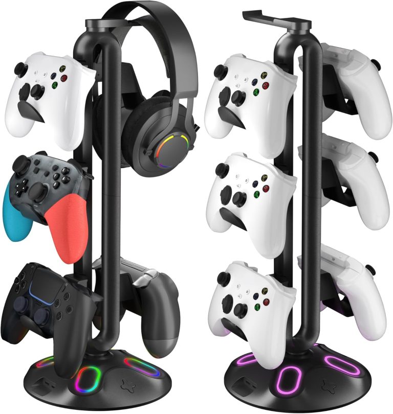 Gaming RGB Headphone Stand,Canmarin Controller Holder with 9 Light Modes – Headset Stand with 2 USB Charging Ports and 3.5mm & Type-C – Controller Stand Hanger Accessories for Desk and Gamer(Black) A