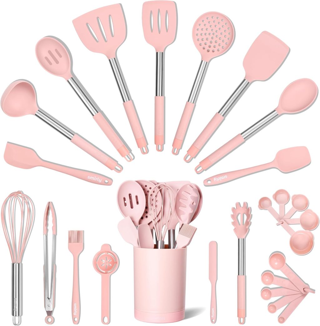 SMIRLY Silicone Kitchen Utensils Set with Holder – Silicone Cooking Utensils Set for Nonstick Cookware, Kitchen Spatula Set & Kitchen Essentials, Home Kitchen Tools & Accessories Set – Pink SMIRLY Silicone Kitchen Utensils Set with Holder – Silicone Cooking Utensils Set for Nonstick Cookware, Kitchen Spatula Set & Kitchen Essentials, Home Kitchen Tools & Accessories Set – Pink