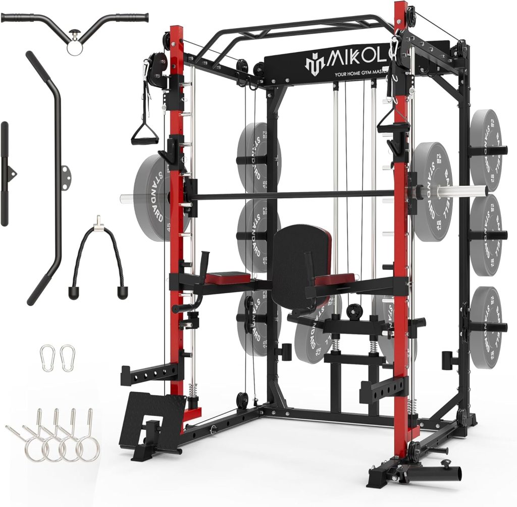 Mikolo SmithMachine, Multifunctional Power Cage Squat Rack with Cable Crossover System and Dip Station, 2250lbs Capacity Home Gym with LAT Pull Down System Mikolo SmithMachine, Multifunctional Power Cage Squat Rack with Cable Crossover System and Dip Station, 2250lbs Capacity Home Gym with LAT Pull Down System