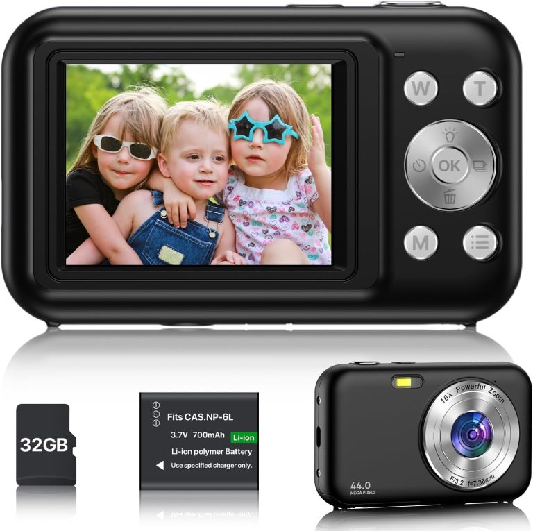 Digital Camera, FHD 1080P Digital Camera for Kids, 44MP Point and Shoot Camera with 32GB SD Card, 16X Zoom Anti Shake, Compact Portable Camera for Boys Girls Teens Beginners- Black