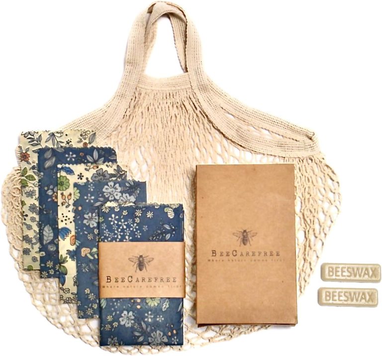 Reusable Beeswax Food Wrap- Beeswax Wraps – 4 Pack with Produce Bag and 2 Beeswax Bars- Bee Wrapping Paper Sheets with Wax- Bees – Eco Friendly Food Storage-Bread and Sandwich Wrap- Sustainable Gifts