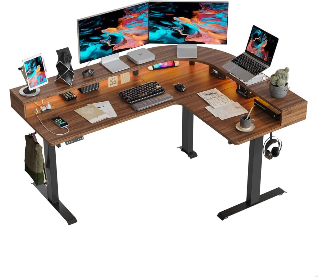FEZIBO L Shaped Standing Desk with Arc LED & Power Outlet, Exclusive Uprated 3 Motors Support 330LBS, Electric Height Adjustable L Shaped Desk with Large Monitor Stand, for Gaming Office, Black Walnut FEZIBO L Shaped Standing Desk with Arc LED & Power Outlet, Exclusive Uprated 3 Motors Support 330LBS, Electric Height Adjustable L Shaped Desk with Large Monitor Stand, for Gaming Office, Black Walnut