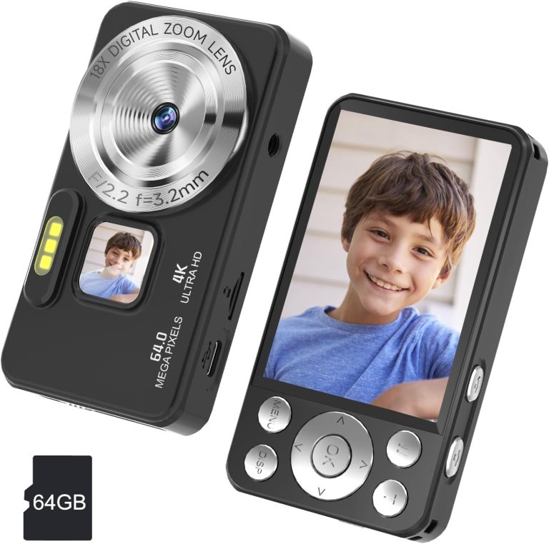 Digital Camera, 4K 64MP Autofocus 18X Zoom Point and Shoot Digital Camera, Anti-Shake, 64GB Card, Portable Compact Camera for Boys Girls Teens Kids Gift (Black)