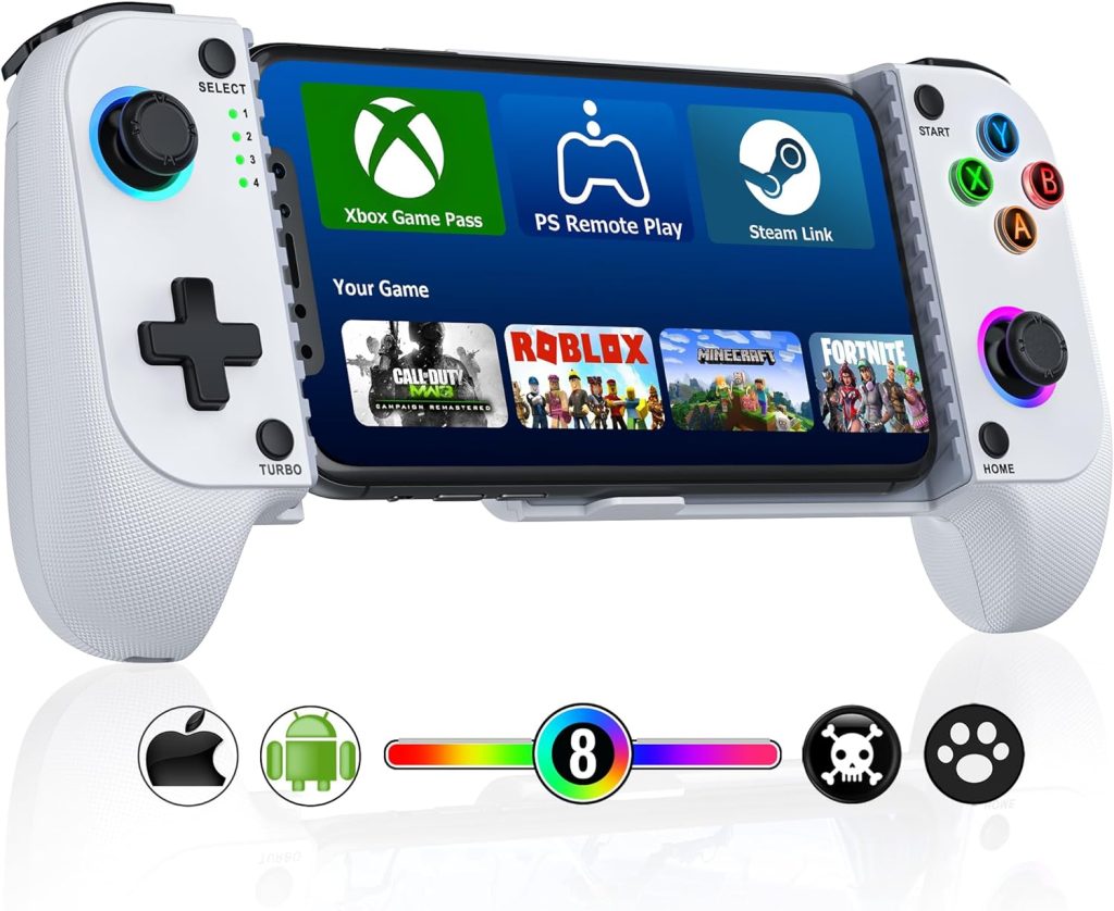 Phone Controller for iPhone/Android Support Phone Case, Mobile Controller with RGB Light, Upgraded Joysticks, Turbo, Thumb Grips Handheld Gaming Gamepad Phone Controller for iPhone/Android Support Phone Case, Mobile Controller with RGB Light, Upgraded Joysticks, Turbo, Thumb Grips Handheld Gaming Gamepad