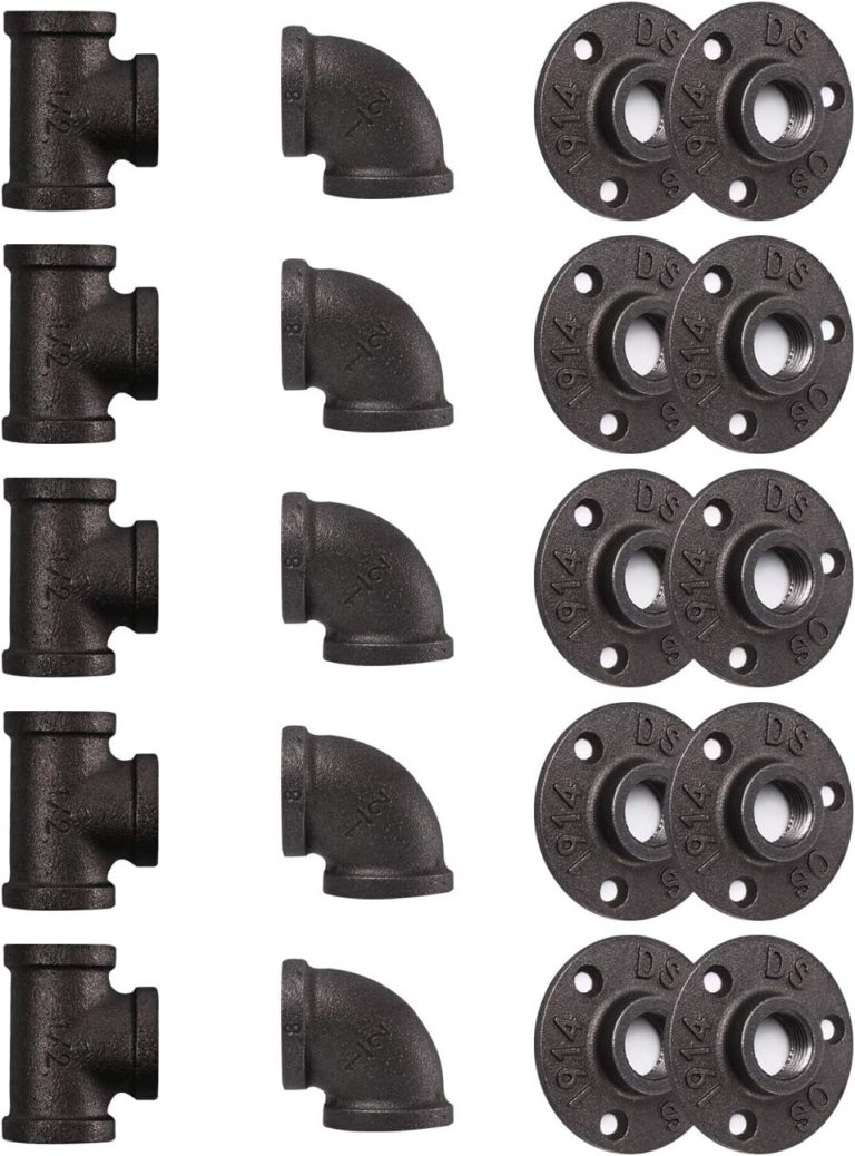Pipe Fitting, 20 Pack 1/2″ Gray Floor Flange/Elbow/Tee Combo for Industrial vintage style, Flanges/Elbow/Tee with Threaded Hole for DIY Project/Furniture/Shelving Decoration (20, 1/2″)