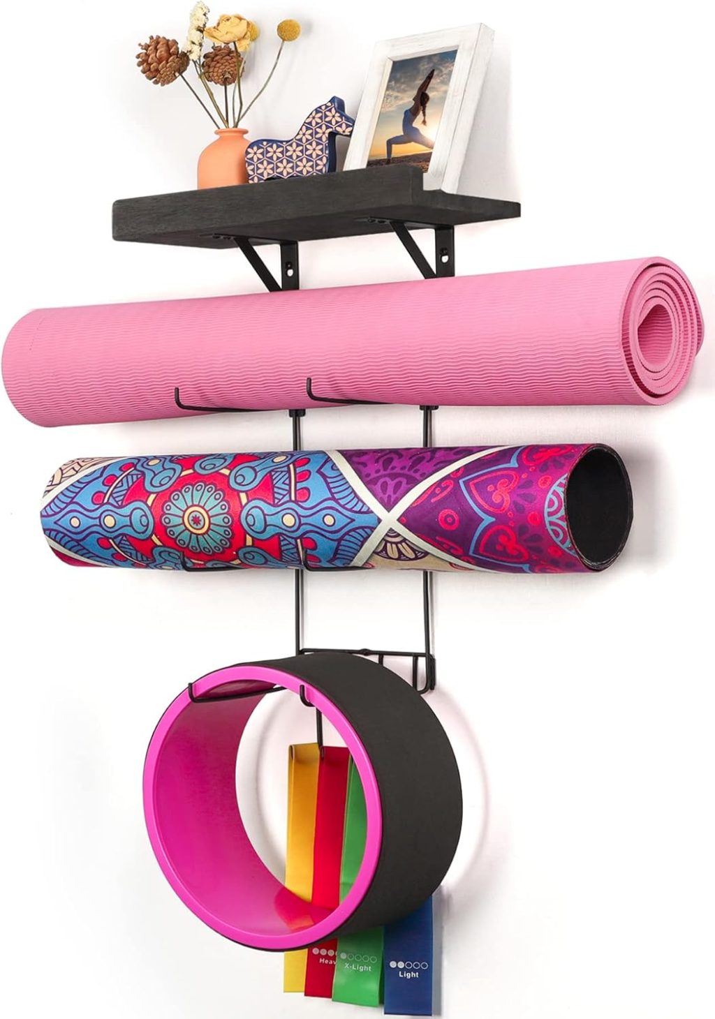 Bikoney Yoga Mat Holder Wall Mount Yoga Mat Storage Home Gym Accessories with Wood Floating Shelves and 4 Hooks for Hanging Foam Roller and Resistance Bands at Fitness Class or Home Gym Vintage Black Bikoney Yoga Mat Holder Wall Mount Yoga Mat Storage Home Gym Accessories with Wood Floating Shelves and 4 Hooks for Hanging Foam Roller and Resistance Bands at Fitness Class or Home Gym Vintage Black