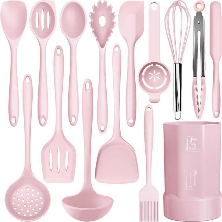 Silicone Cooking Utensils Set – 446°F Heat Resistant Kitchen Utensils,Turner Tongs,Spatula,Spoon,Brush,Whisk,Kitchen Utensil Gadgets Tools Set for Nonstick Cookware,Dishwasher Safe BPA Free(Pink)