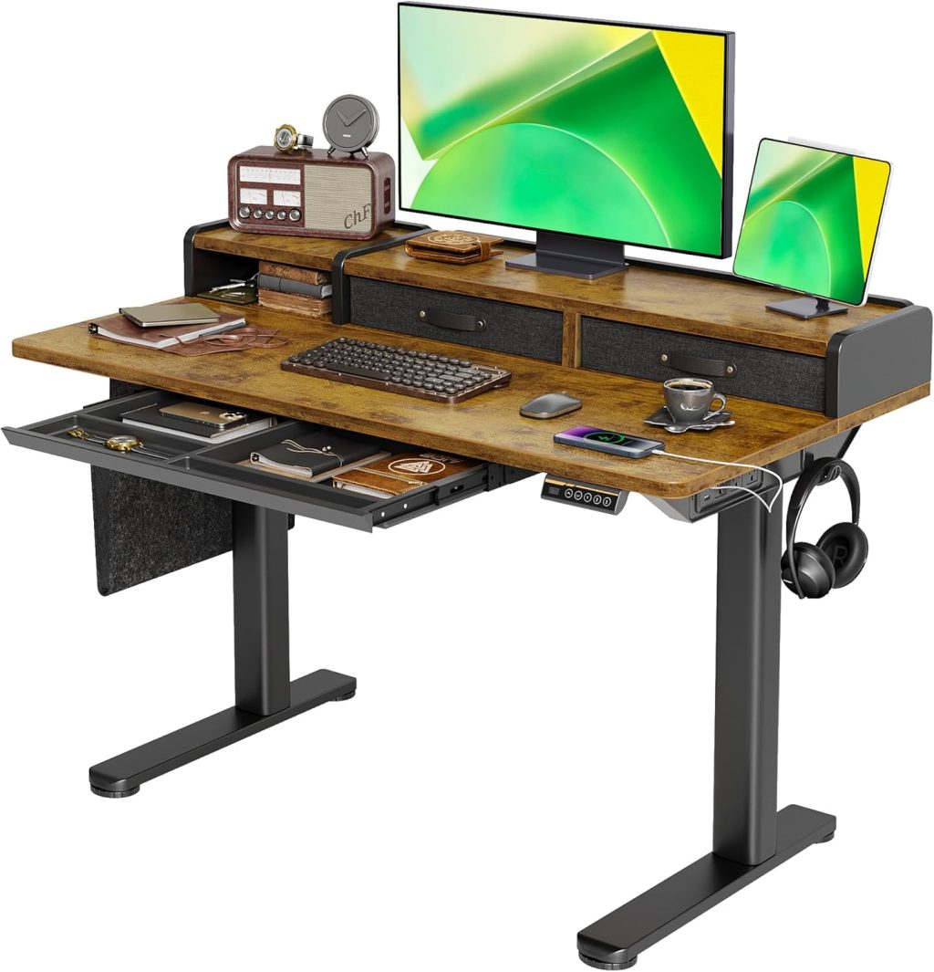 Standing Desk, Computer Office Desk with Power Outlets and Type-C, Stand Up Desk with Drawers and Shelves, 48 inch, Rustic Brown
