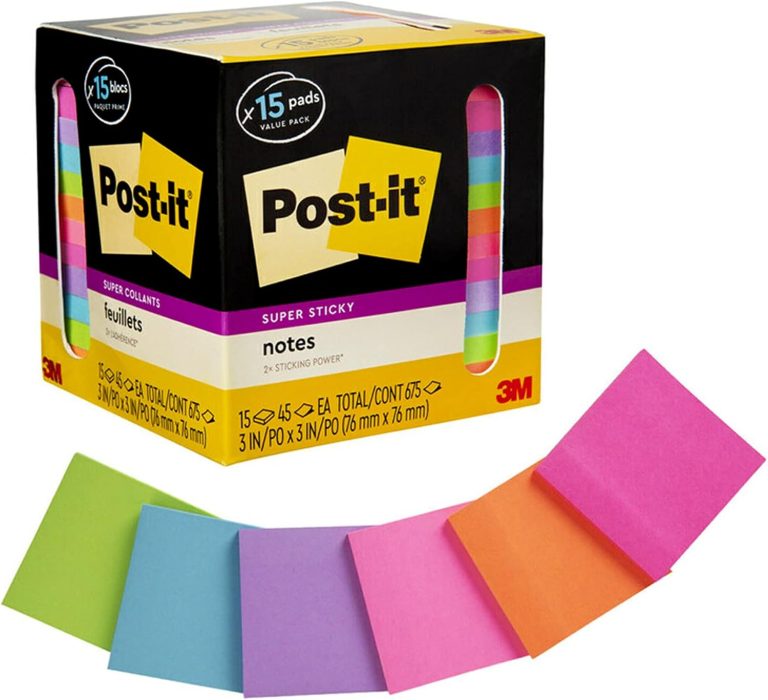 Post-it Super Sticky Notes, Assorted Bright Colors, 3×3 in, 15 Pads/Pack, 45 Sheets/Pad, 2x the Sticking Power, Recyclable, Multi-color
