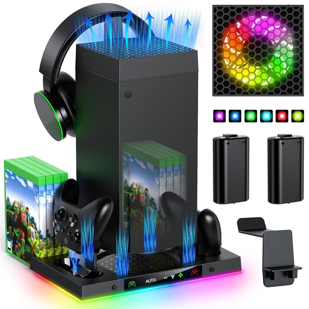 Auto Cooling Fan and Charge Stand Accessories for Xbox Series X Console with 15 Light Modes, Wireless Dual Charger Dock for XSX Controller, 2* Rechargeable Batteries, Headset Stand & Game Disc Storage (Black) Auto Cooling Fan and Charge Stand Accessories for Xbox Series X Console with 15 Light Modes, Wireless Dual Charger Dock for XSX Controller, 2* Rechargeable Batteries, Headset Stand & Game Disc Storage (Black)