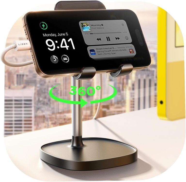 LISEN Cell Phone Stand Adjustable Phone Holer for Desk, Computer Office Desk Accessories for iPhone 16 Holder Women Kitchen Essentials Fits All Mobile Phones Switch Kindle iPads Tablet 4-10in