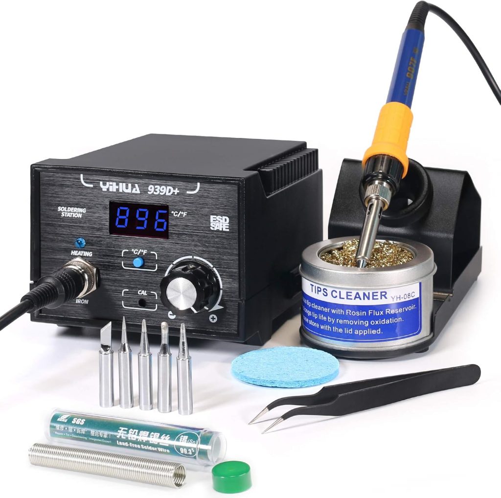 YIHUA 939D+ Digital Soldering Station, 75W Equivalent with Precision Heat Control (392°F to 896°F) and Built-in Transformer. ESD Safe, Lead Free with °C/°F display (Black) YIHUA 939D+ Digital Soldering Station, 75W Equivalent with Precision Heat Control (392°F to 896°F) and Built-in Transformer. ESD Safe, Lead Free with °C/°F display (Black)