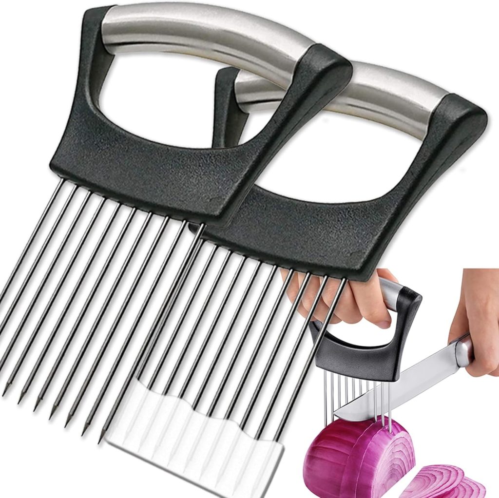 ESINAM Onion Slicer Holder, Premium Vegetable Slicer Cutter for Potato and Tomato, Sharp Stainless Steel Food Slicer Assistant Tool for Slicing Fruit Lemon and Meat ESINAM Onion Slicer Holder, Premium Vegetable Slicer Cutter for Potato and Tomato, Sharp Stainless Steel Food Slicer Assistant Tool for Slicing Fruit Lemon and Meat