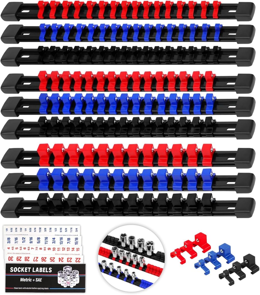 Socket Organizer Holder Tool Box: 9-Piece Socket Holders 1/4 X 48 Clips 3/8 X 45 Clips 1/2 X 36 Clips Socket Rail Heavy Duty Holder w Socket Labels Socket Organizer for Tool Box Drawer(Red&Blue&Black) Socket Organizer Holder Tool Box: 9-Piece Socket Holders 1/4 X 48 Clips 3/8 X 45 Clips 1/2 X 36 Clips Socket Rail Heavy Duty Holder w Socket Labels Socket Organizer for Tool Box Drawer(Red&Blue&Black)