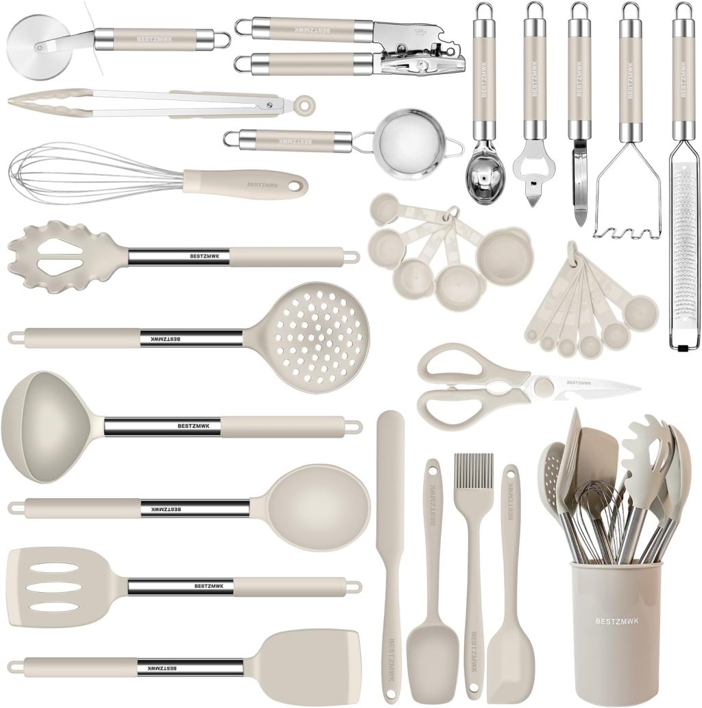 Kitchen Utensils Set-Silicone Cooking Utensils-33pcs Non-Stick Silicone Cooking Kitchen Utensils Spatula Set with Holder-Best Kitchen Cookware with Stainless Steel Handle (Khaki) Kitchen Utensils Set-Silicone Cooking Utensils-33pcs Non-Stick Silicone Cooking Kitchen Utensils Spatula Set with Holder-Best Kitchen Cookware with Stainless Steel Handle (Khaki)