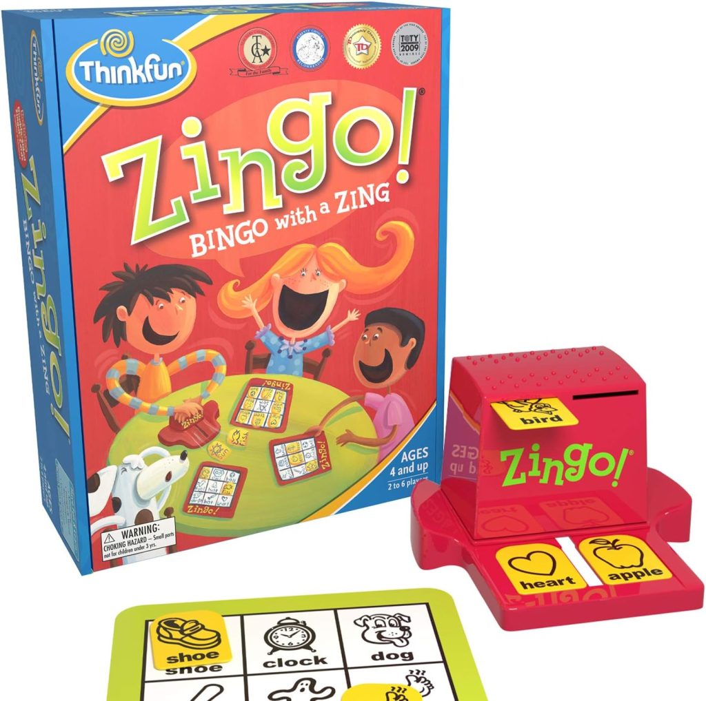 ThinkFun Zingo Bingo – Unique Pre-Reading Game for Kids | Boosts Language & Matching Skills | Fun for Classroom & Home | Amazon Exclusive with Extra Zingo Card ThinkFun Zingo Bingo – Unique Pre-Reading Game for Kids | Boosts Language & Matching Skills | Fun for Classroom & Home | Amazon Exclusive with Extra Zingo Card