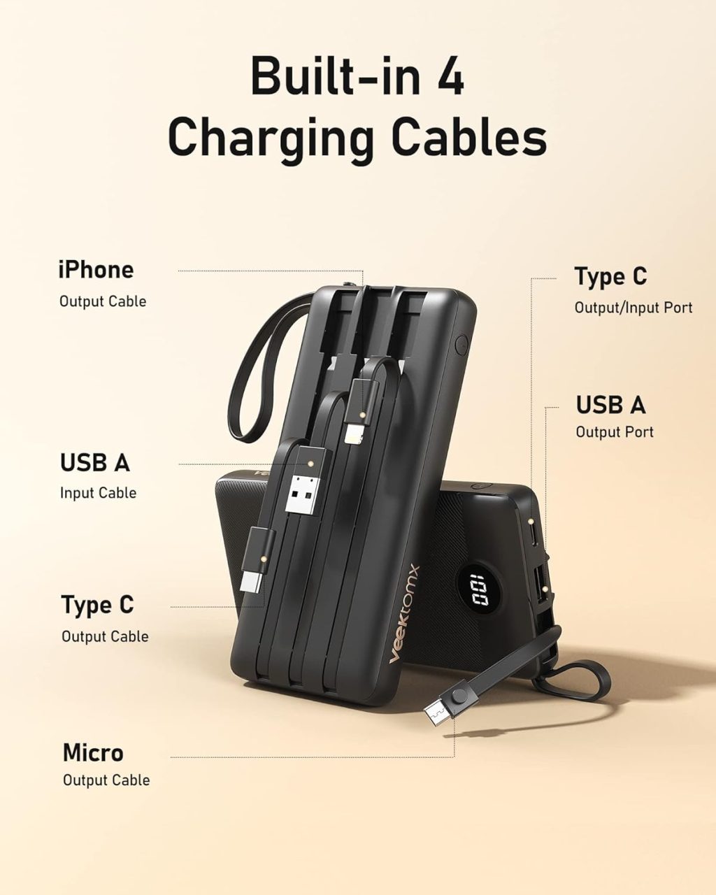 VEEKTOMX Portable Charger with Built-in Cables 10000mAh Power Bank for iPhone Slim Fast Charge USB C Battery Pack Travel Essentials Powerbank Compatible with iPhone, Samsung, Android, etc VEEKTOMX Portable Charger with Built-in Cables 10000mAh Power Bank for iPhone Slim Fast Charge USB C Battery Pack Travel Essentials Powerbank Compatible with iPhone, Samsung, Android, etc