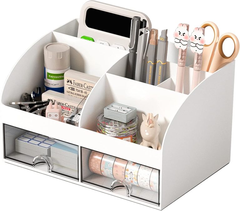 Desk Organizer and Accessories with 6 Compartments and 2 Drawers, Plastic Makeup Organizer, Pen Holder for Desktop Storage, Desk Organization for School, Home, Office Supplies (White)
