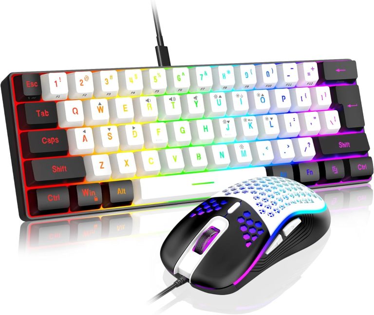RedThunder 60% Gaming Keyboard and Mouse Combo, Ultra-Compact 61-Key RGB Backlit Mini Keyboard, Lightweight 7200 DPI Honeycomb Optical Mouse, RGB Wired Gaming Set for PC PS5 Xbox Gamer(White-Black)