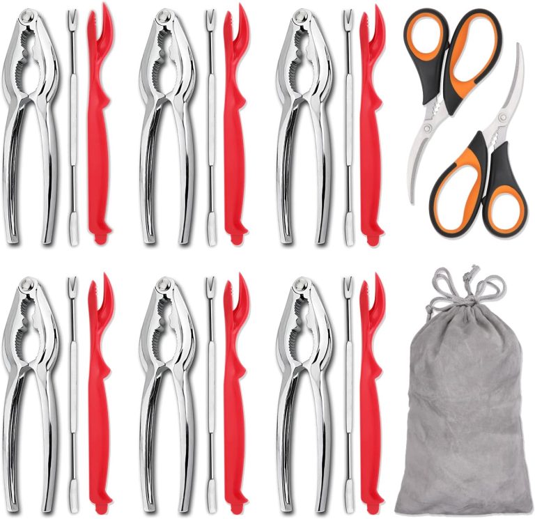 Hiware 20-piece Seafood Tools Set includes 6 Crab Crackers, 6 Lobster Shellers, 6 Crab Leg Forks/Picks and 2 Seafood Scissors & Storage Bag – Nut Cracker Set