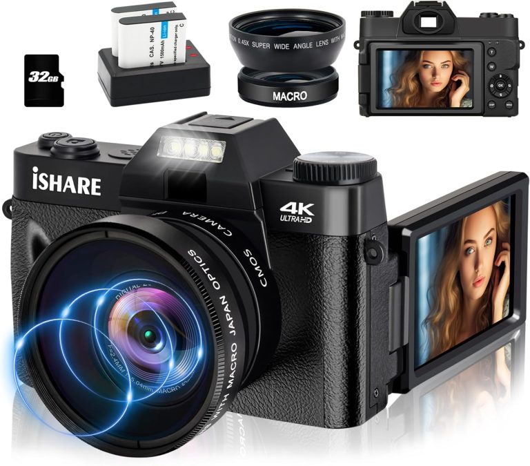 Digital Camera for Photography, 4K 56MP Vlogging Camera for YouTube with WiFi, 3-inch 180-degree Flip Screen, 16X Digital Zoom, 52mm Wide Angle & Macro Lens, 32GB TF Card and 2 Batteries