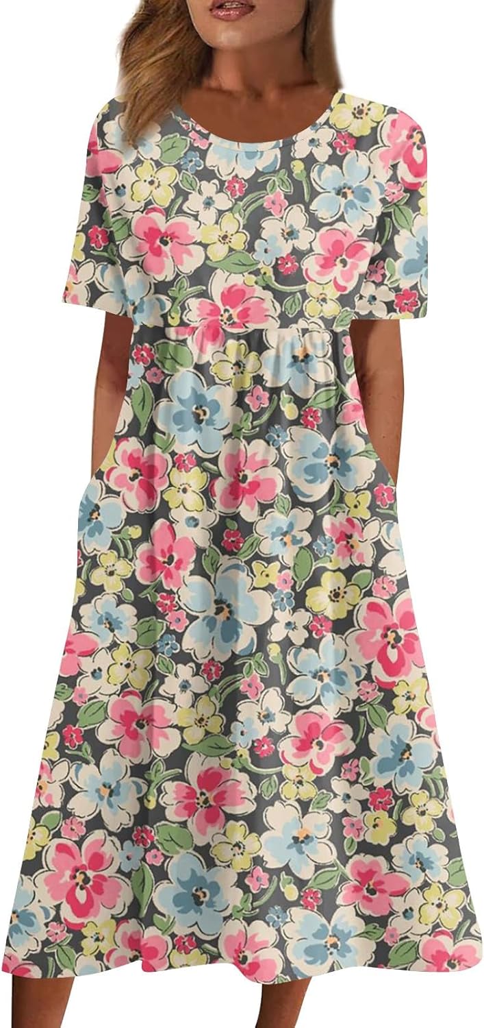 FlekmanArt Womens Summer Dresses Short Sleeve O Neck Beach Dress Pleated Printed Maxi Dress Casual Long Dress with Pocket