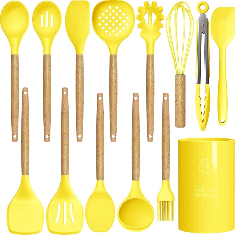 14 Pcs Silicone Cooking Utensils Kitchen Utensil Set – 446°F Heat Resistant,Turner Tongs,Spatula,Spoon,Brush,Whisk, Wooden Handles Yellow Kitchen Gadgets Tools Set for Nonstick Cookware (BPA Free)