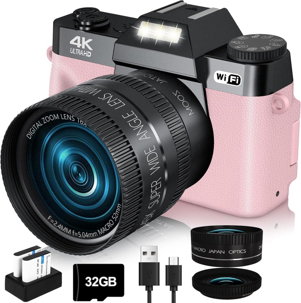 2024 Upgrade VJIANGER Digital Camera for Photography 4K 56MP Vlogging Camera for YouTube with WiFi, 180° Flip Screen, 16X Digital Zoom, 52mm Lens, 2 Batteries, 32GB Micro SD Card(Pink) 2024 Upgrade VJIANGER Digital Camera for Photography 4K 56MP Vlogging Camera for YouTube with WiFi, 180° Flip Screen, 16X Digital Zoom, 52mm Lens, 2 Batteries, 32GB Micro SD Card(Pink)