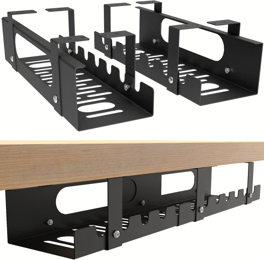 2 Pack Cable Management Under Desk Tray,Adjustable Length(15.7”-31.4”) Large Cord Organizer for Wire Management Tray,Under Table Cord Wire Organizer for Home,Office,Standing Desk,Computer Desk