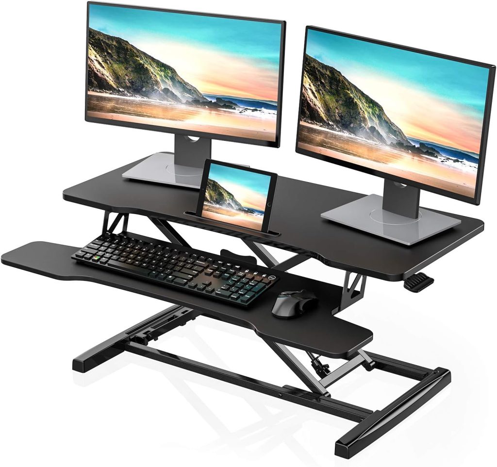 FITUEYES Height Adjustable Standing Desk 36” Wide Sit to Stand Converter Stand Up Desk Tabletop Workstation for Laptops Dual Monitor Riser Black SD309101WB FITUEYES Height Adjustable Standing Desk 36” Wide Sit to Stand Converter Stand Up Desk Tabletop Workstation for Laptops Dual Monitor Riser Black SD309101WB