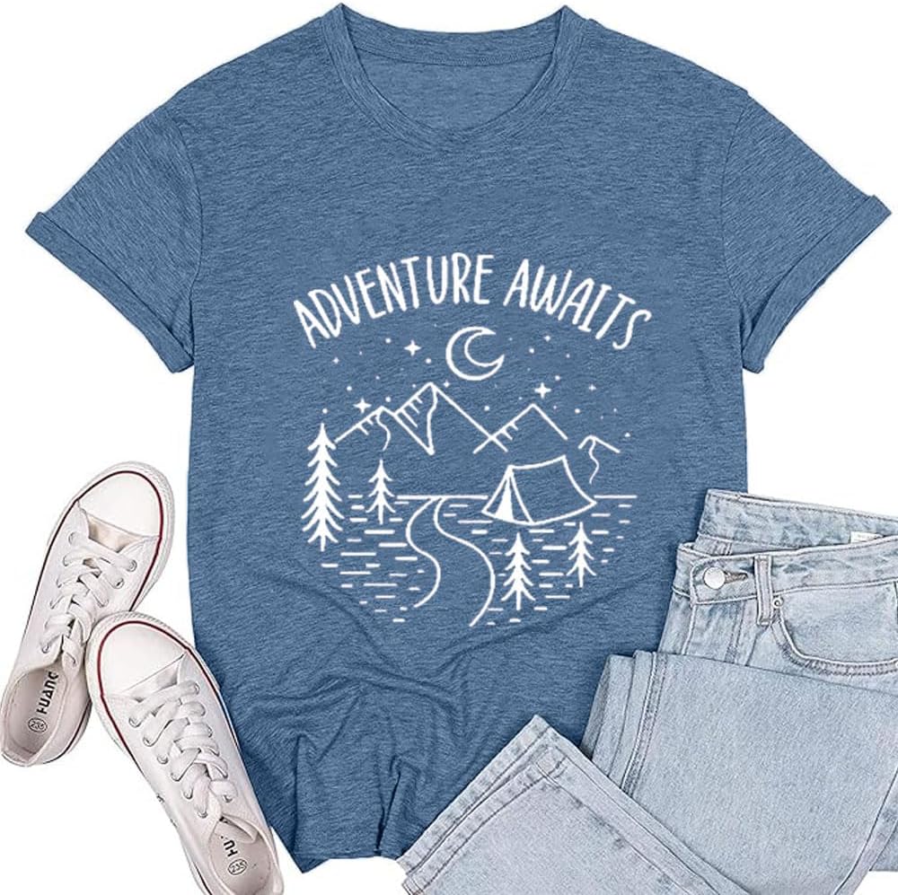 Adventure Awaits Tshirt Women Hiking Mountain Outdoors Shirts Wanderlust Explore More Camping Athletic Tee Tops