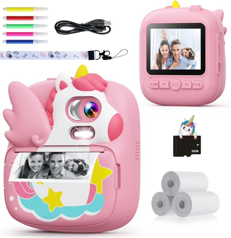 Kids Camera Instant Print, 12MP & 1080P Instant Camera for Kids with 32G Card & Print Paper, Selfie Digital Video Camera for Toddler,Christmas Birthday Gifts for Girls Boy Age 3-12 (Pink)