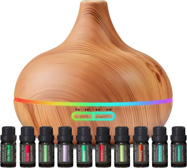 Ultimate Aromatherapy Diffuser & Essential Oil Set – Ultrasonic Top 10 Oils Modern with 4 Timer 7 Ambient Light Settings Therapeutic Grade Lavender