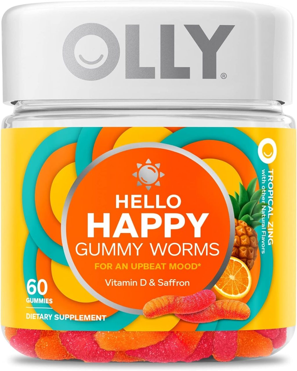 OLLY Hello Happy Gummy Worms, Mood Balance Support, Vitamin D, Saffron, Adult Chewable Supplement, Tropical Zing – 60 Count OLLY Hello Happy Gummy Worms, Mood Balance Support, Vitamin D, Saffron, Adult Chewable Supplement, Tropical Zing – 60 Count