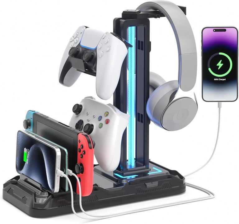 KDD Headset Stand with Charging Station – Detachable Controller Holder with 9 Light Modes – Rotatable Headphone Hanger with USB A&C Charger Ports – Earphone Hook for PC Gaming Accessories Storage