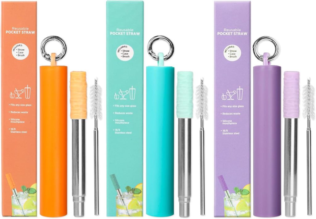 Reusable Straws 3 Pack Metal Straws Reusable Portable Collapsible Stainless Steel Drinking Straws Travel Straw with Case, Cleaning Brushes, Silicone Tips, Keychain (Orange-Green-Purple) Reusable Straws 3 Pack Metal Straws Reusable Portable Collapsible Stainless Steel Drinking Straws Travel Straw with Case, Cleaning Brushes, Silicone Tips, Keychain (Orange-Green-Purple)