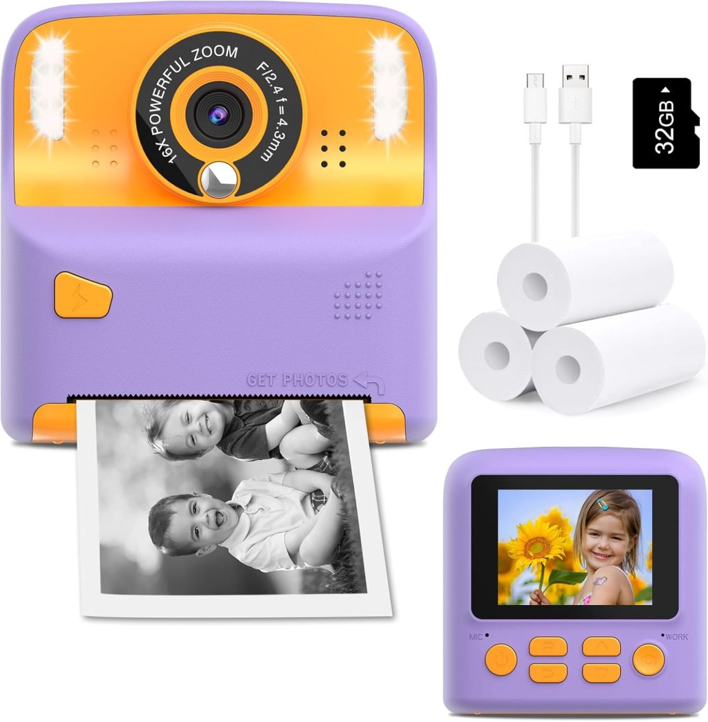 Instant Print Camera for Kids, Christmas Birthday Gift for 3-12 Year Old Girls Boys, Children Digital Camera Print Black and White Photo for Toddler Toys, 2.4 inch Screen with 32GB Card (Purple) Instant Print Camera for Kids, Christmas Birthday Gift for 3-12 Year Old Girls Boys, Children Digital Camera Print Black and White Photo for Toddler Toys, 2.4 inch Screen with 32GB Card (Purple)