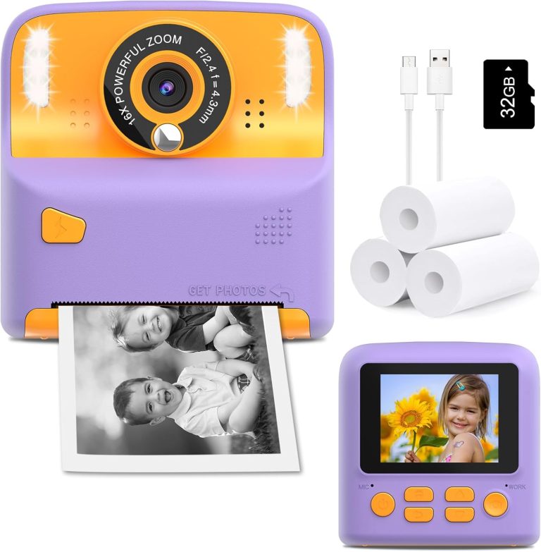Instant Print Camera for Kids, Christmas Birthday Gift for 3-12 Year Old Girls Boys, Children Digital Camera Print Black and White Photo for Toddler Toys, 2.4 inch Screen with 32GB Card (Purple)