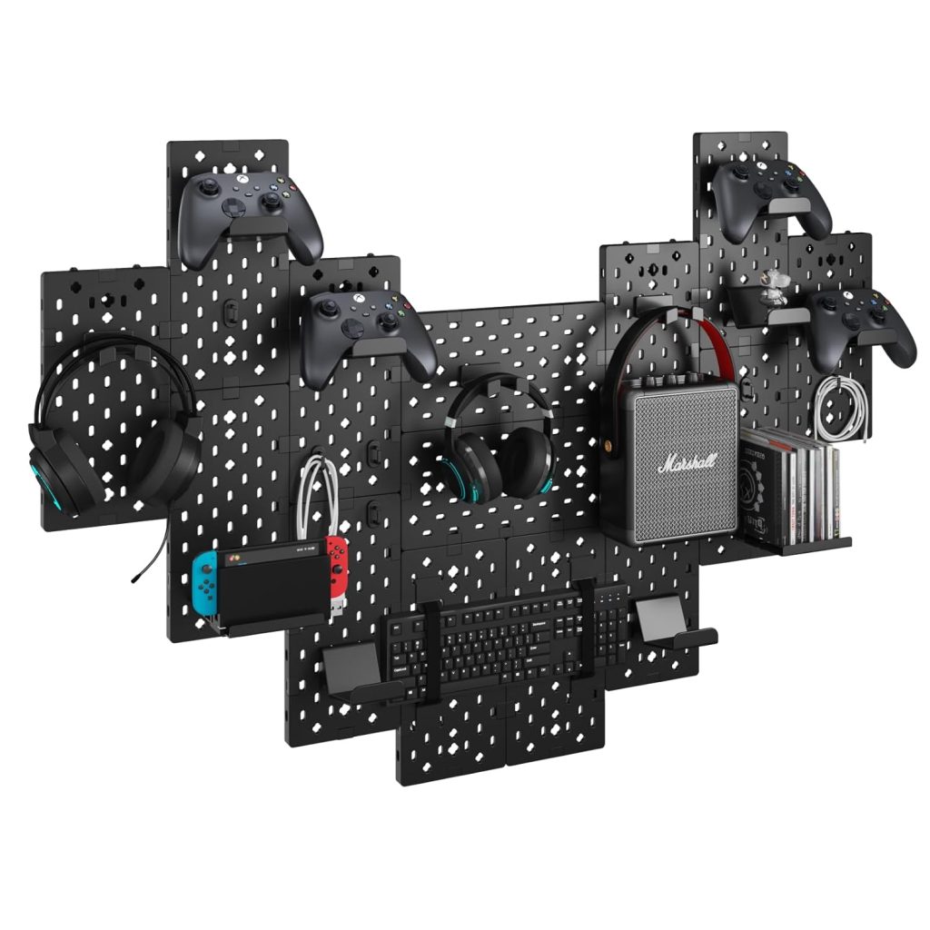 PEGZONE Controller and Headphone Holder Wall Mount, Modular Gaming Pegboard with Accessories, Controller Stand for Xbox PS5 PS4 Switch, Video Game Storage, Disc Shelf Organizer, 14pcs Pegboard, Black PEGZONE Controller and Headphone Holder Wall Mount, Modular Gaming Pegboard with Accessories, Controller Stand for Xbox PS5 PS4 Switch, Video Game Storage, Disc Shelf Organizer, 14pcs Pegboard, Black