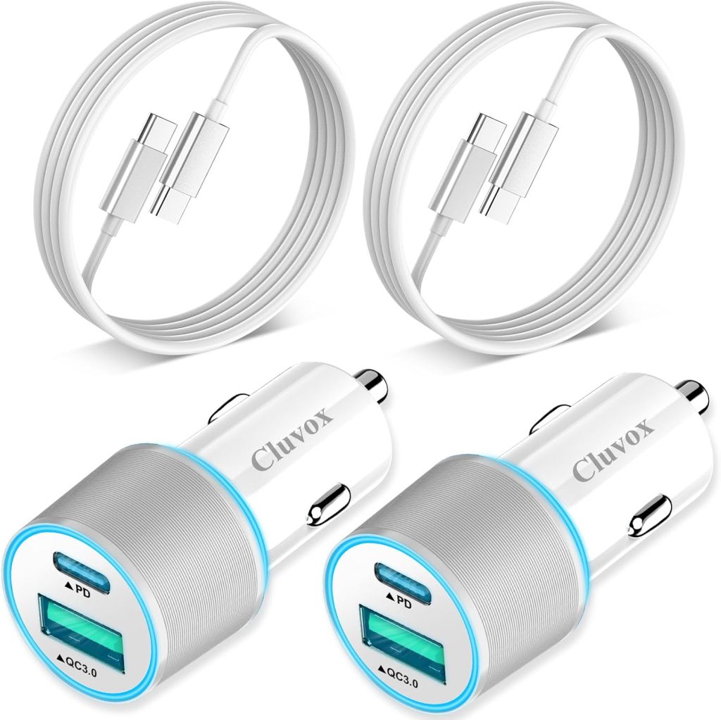 2 Pack 38W USB C Car Charger Fast Charging for iPhone 16 Pro/Max/Plus/15/Samsung Galaxy S24/Ultra/S23/S22 fe/A55/A54 Dual Port Cigarette Lighter USB Charger[20W PD+18W QC]with 3.3FT Type C Cable-White