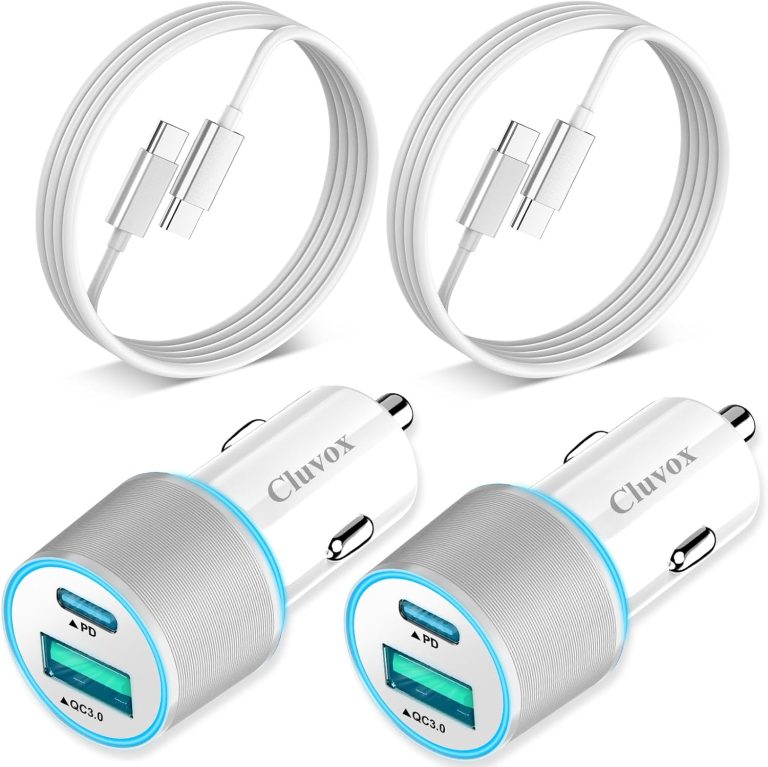 2 Pack 38W USB C Car Charger Fast Charging for iPhone 16 Pro/Max/Plus/15/Samsung Galaxy S24/Ultra/S23/S22 fe/A55/A54 Dual Port Cigarette Lighter USB Charger[20W PD+18W QC]with 3.3FT Type C Cable-White