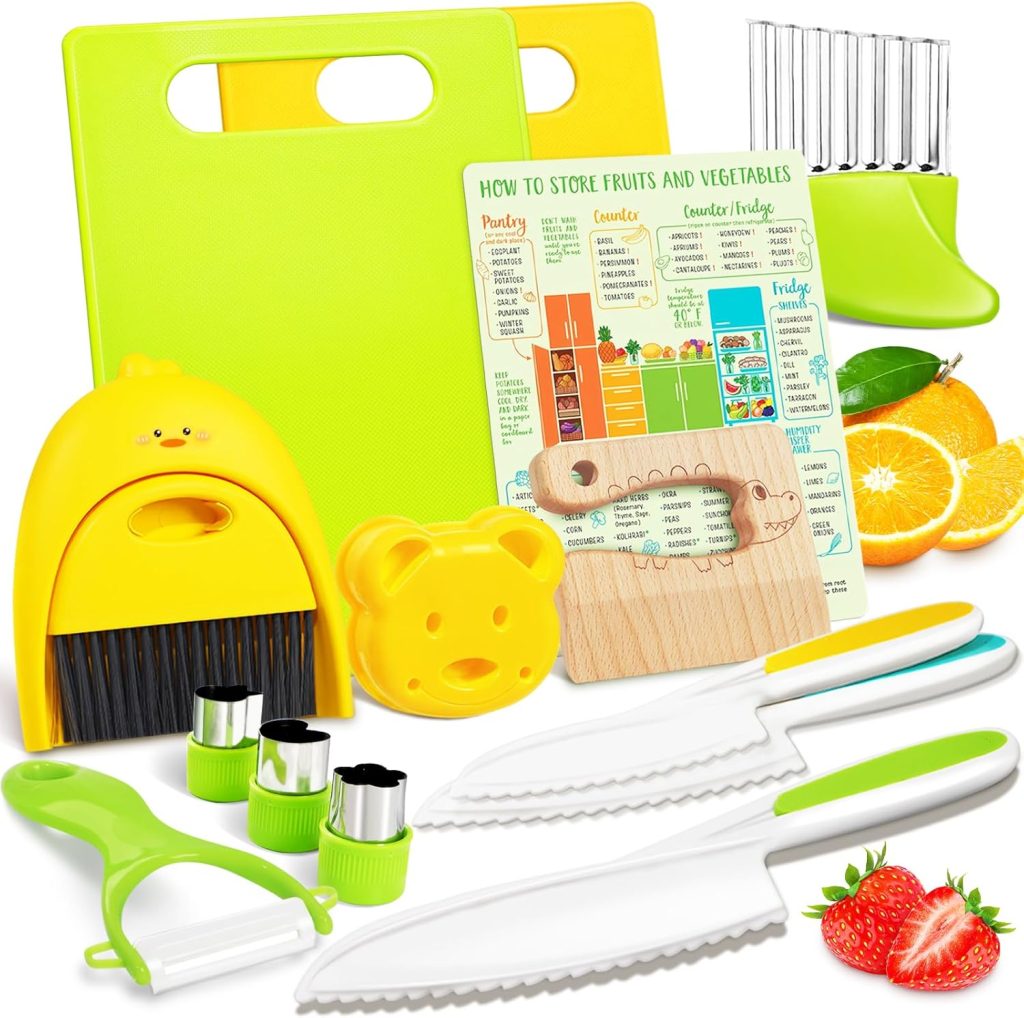 Suhctuptx Kids Knife Set For Real Cooking, Kids Kitchen Knives with Cutting Board Crinkle Cutters Food Conversion Chart & Cleaning Tools, Christmas Birthday Gifts Toddler Toys for Girls Boy Age 2-10 Suhctuptx Kids Knife Set For Real Cooking, Kids Kitchen Knives with Cutting Board Crinkle Cutters Food Conversion Chart & Cleaning Tools, Christmas Birthday Gifts Toddler Toys for Girls Boy Age 2-10