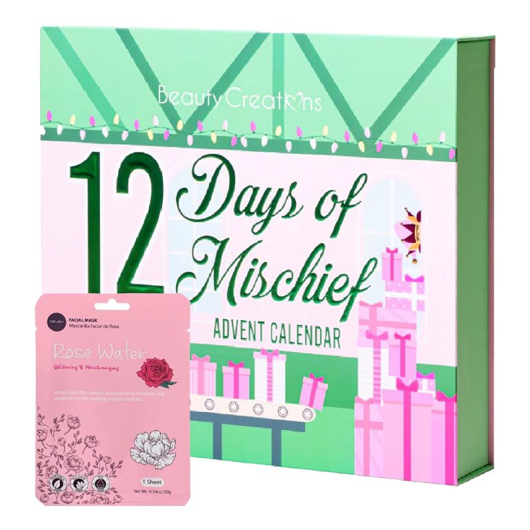 Beauty 12 Days of Mischief Advent Calendar by Beauty Creations, 12 pc Mystery Box Holiday gift set for moms, teens, plump & pout lip plumper, poreless primers, fae masks, mascara & More