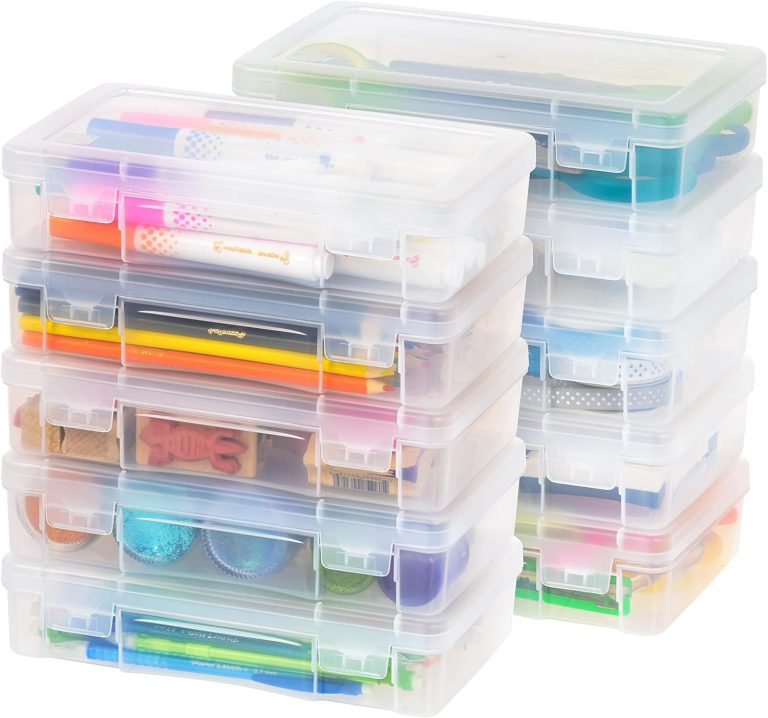 IRIS USA Plastic Pencil Case Box Craft Hobby Art School Supply Storage Organizer Container with Latching Lid, 10-Pack, for Bead Pens Ribbons Wahi Tape Sticker Yarn Ornaments, Stackable, Clear, Medium