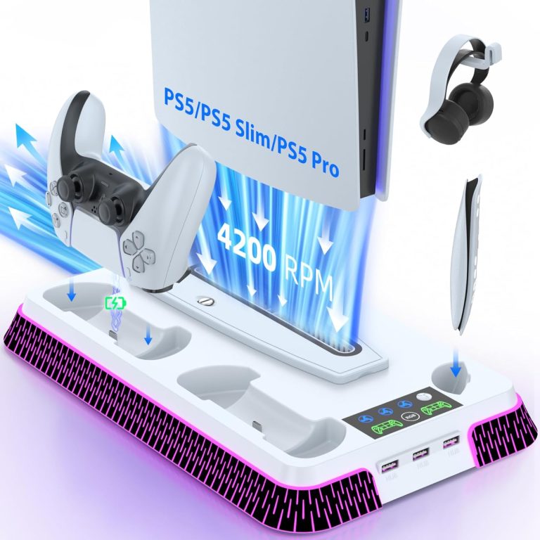 Lictin PS5 / PS5 Pro / PS5 Slim Stand and Cooling Station, Controller Charging Station for PlayStation 5 Console, PS5 Stand Controller Charger for Disc & Digital with Cooling Fan