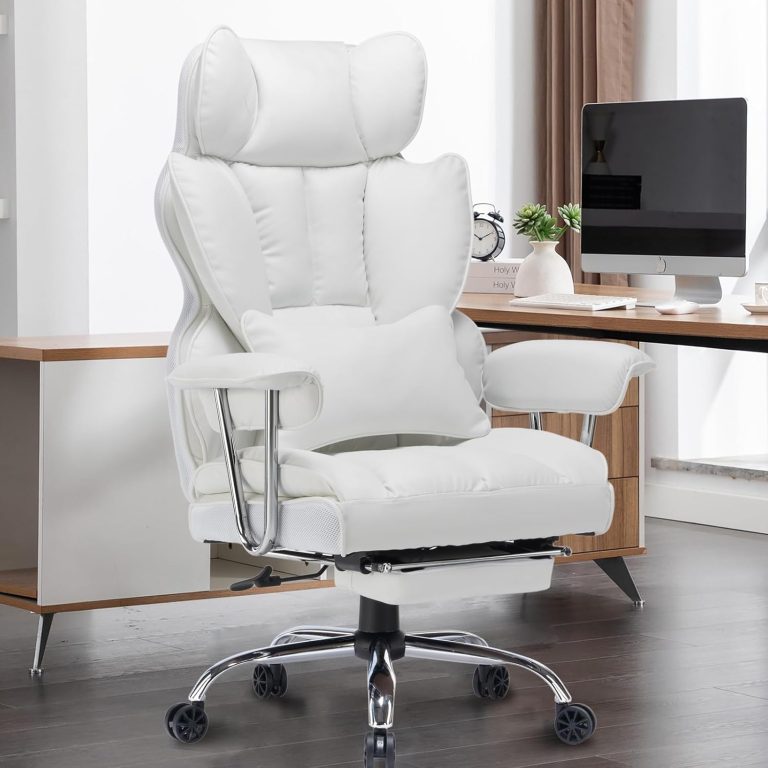 Efomao Desk Office Chair 400LBS, Big and Tall Office Chair, PU Leather Computer Chair, Executive Office Chair with Leg Rest and Lumbar Support, White Office Chair